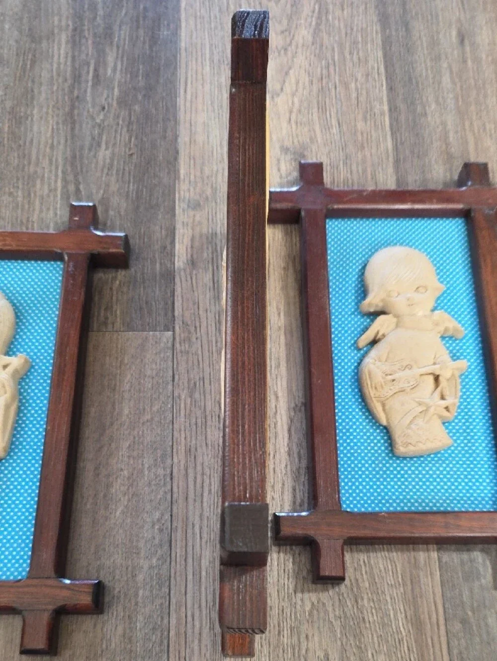 MCM Blue Backed Wall Plaque Triptych with Dark Wood Frames Vintage Angels.